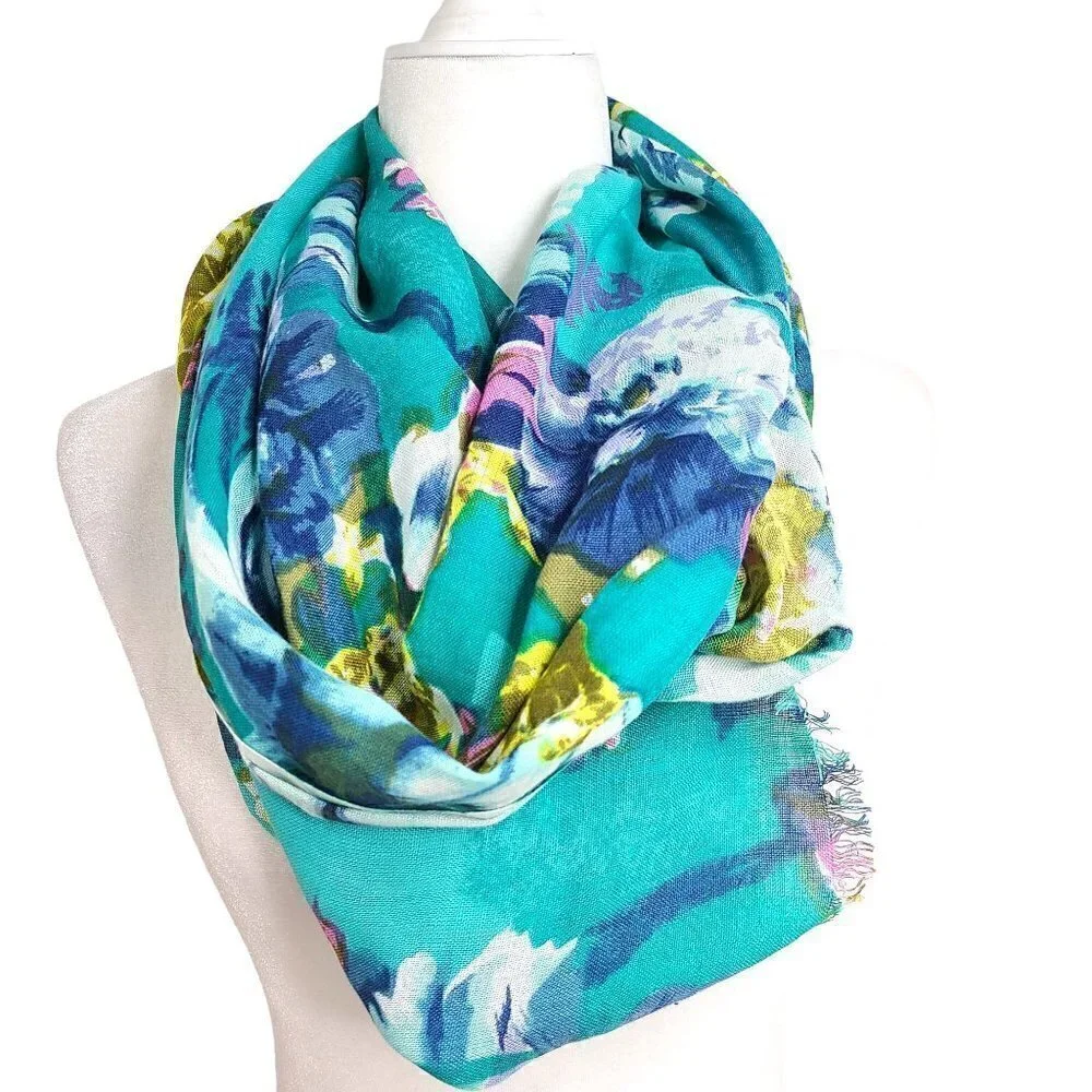Women's Teal Yellow Watercolor Raw Hem Scarf Wrap 22x72